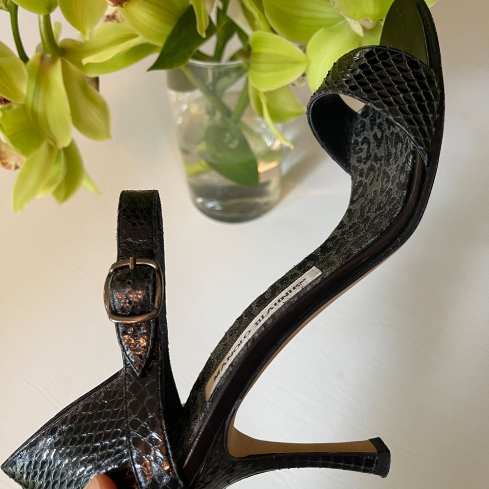 Manolo Blahnik Black Snake Heels 7.5 MSRP $745